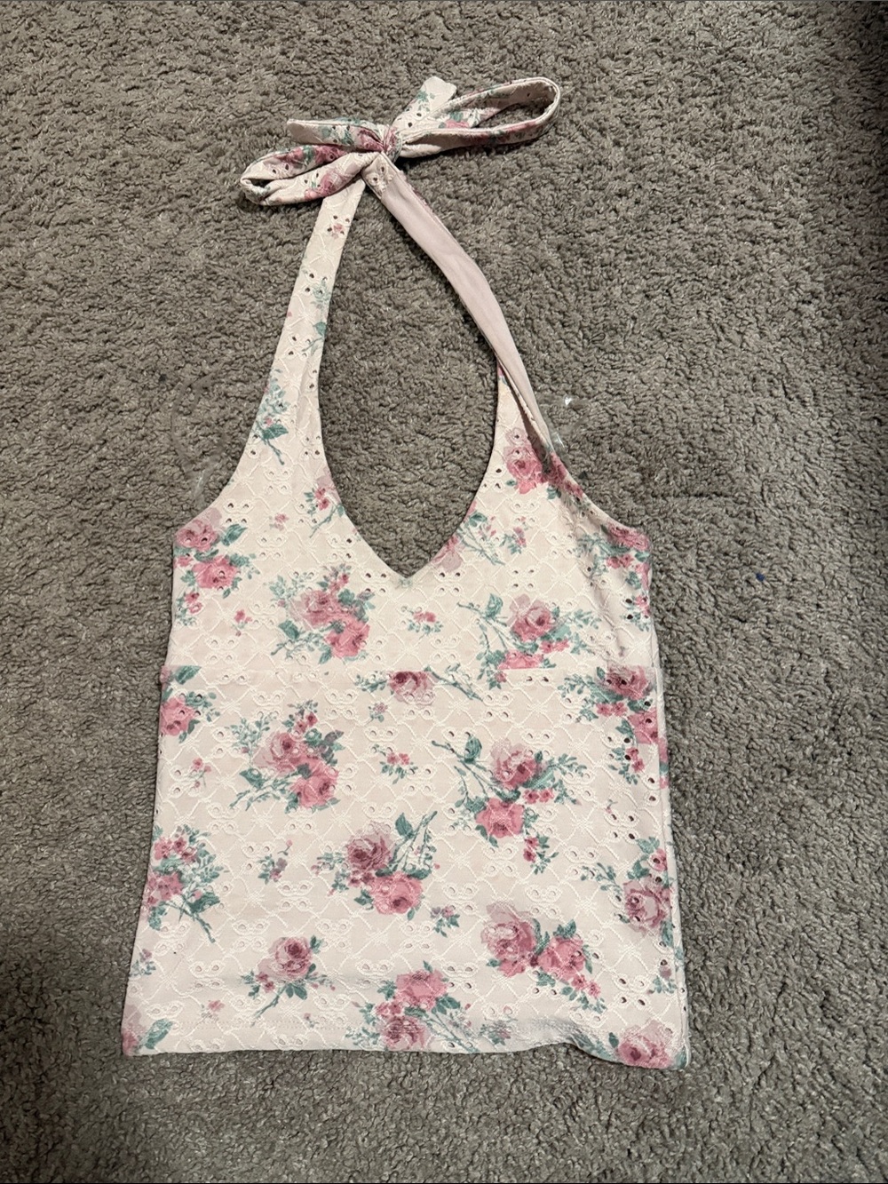 Aeropostale Cream Halter Floral Eyelet Tank with Pink Roses